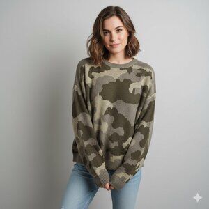 Lucky Brand Women's Size XL Green Camo Crew Neck Wool Blend Pullover Sweater